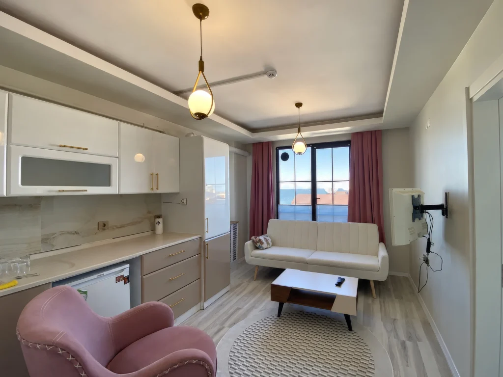 Atakum deniz manzaralı apart otel odası, mutfaklı salon